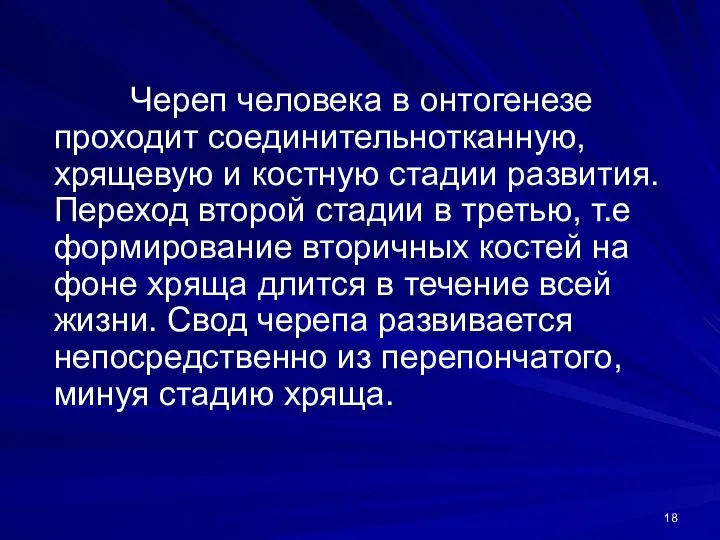 Череп человека в онтогенезе проходит соединительнотканную, хрящевую и костную стадии развития.