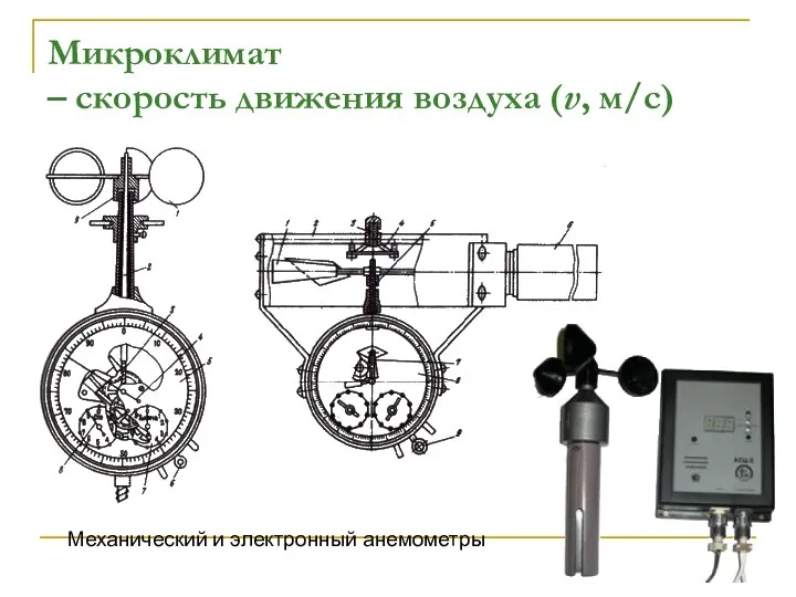 Микроклимат – скорость движения воздуха (v, м/с) Механический и электронный анемометры