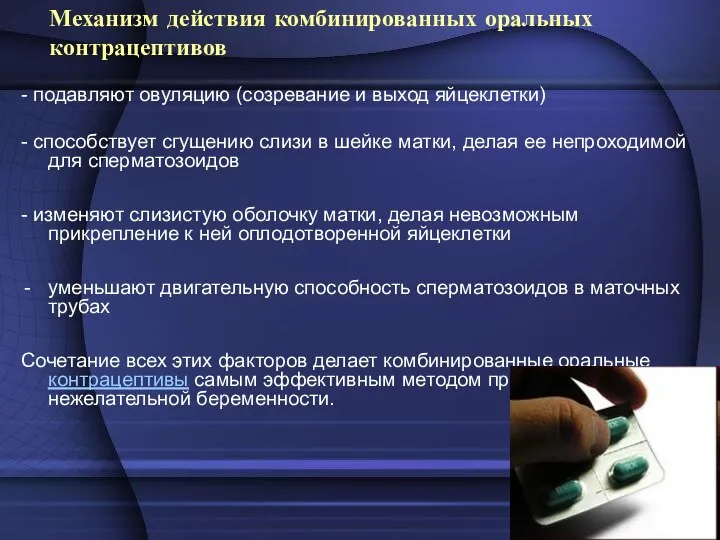 Механизм действия комбинированных оральных контрацептивов - подавляют овуляцию (созревание и выход