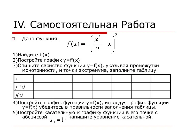 IV. Самостоятельная Работа Дана функция: 1)Найдите f’(x) 2)Постройте график y=f’(x) 3)Опишите