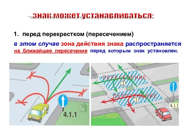 1. перед перекрестком (пересечением) в этом случае зона действия знака распространяется