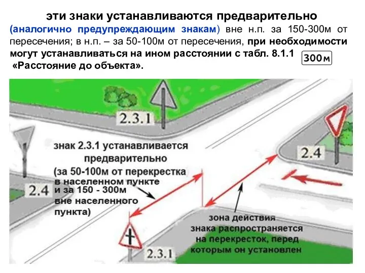 эти знаки устанавливаются предварительно (аналогично предупреждающим знакам) вне н.п. за 150-300м