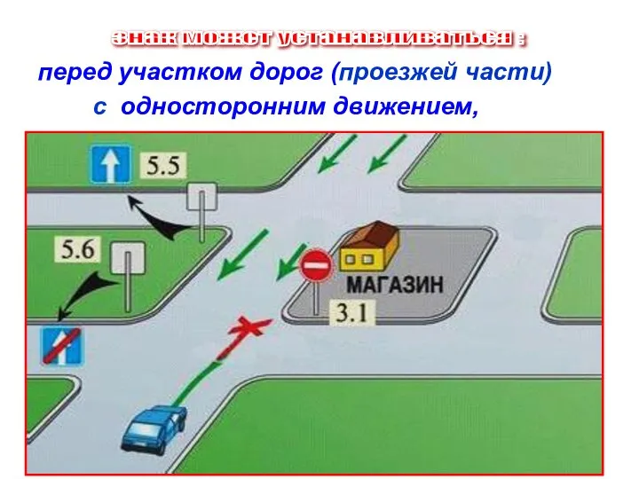 перед участком дорог (проезжей части) с односторонним движением, знак может устанавливаться :