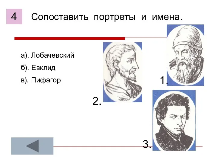 Сопоставить портреты и имена. а). Лобачевский б). Евклид в). Пифагор 1. 2. 3. 4