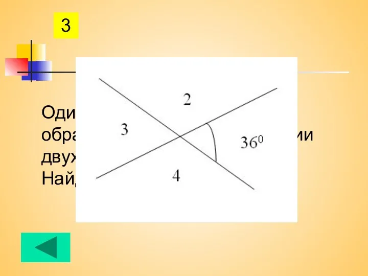 3 Один из четырех углов, образованных при пересечении двух прямых 36 градусов. Найдите остальные углы.