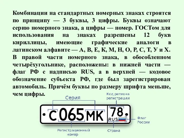 Комбинации на стандартных номерных знаках строятся по принципу — 3 буквы,