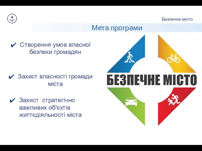 Безпечне місто Мета програми Створення умов власної безпеки громадян Захист стратегічно