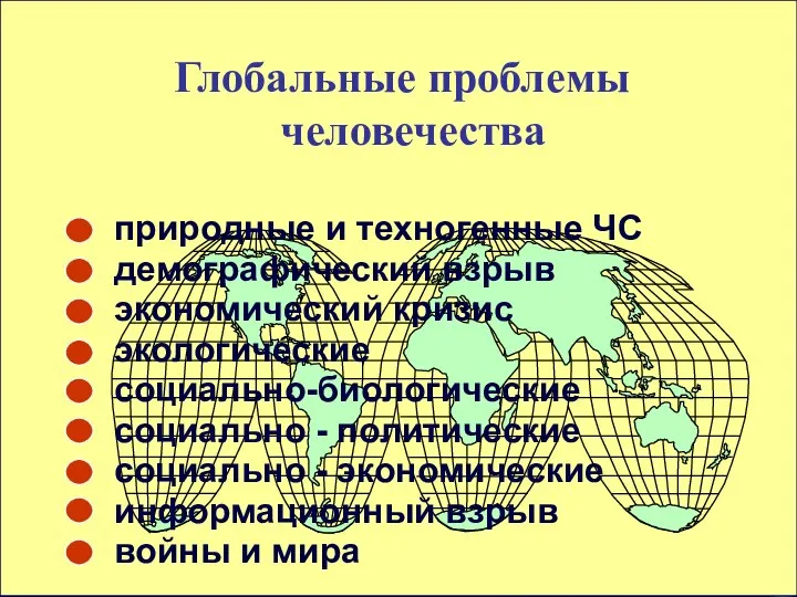 природные и техногенные ЧС демографический взрыв экономический кризис экологические социально-биологические социально