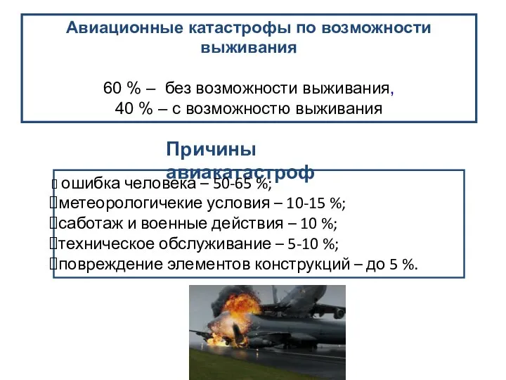 Авиационные катастрофы по возможности выживания 60 % – без возможности выживания,