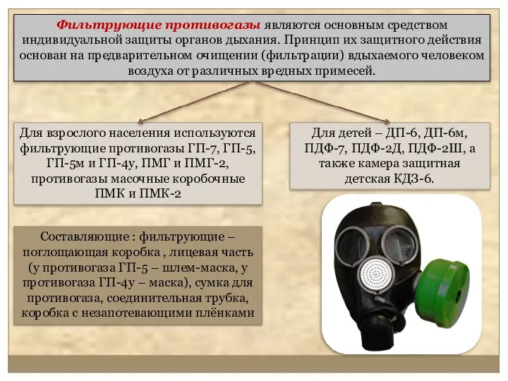 Фильтрующие противогазы являются основным средством индивидуальной защиты органов дыхания. Принцип их