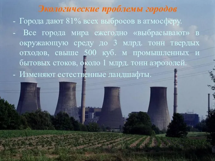 Экологические проблемы городов Города дают 81% всех выбросов в атмосферу. Все