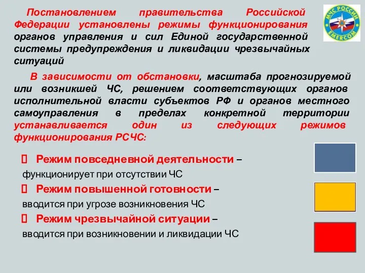 Режим повседневной деятельности – функционирует при отсутствии ЧС Режим повышенной готовности