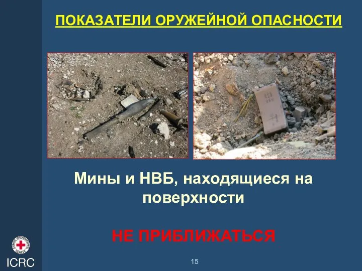 ПОКАЗАТЕЛИ ОРУЖЕЙНОЙ ОПАСНОСТИ Мины и НВБ, находящиеся на поверхности НЕ ПРИБЛИЖАТЬСЯ