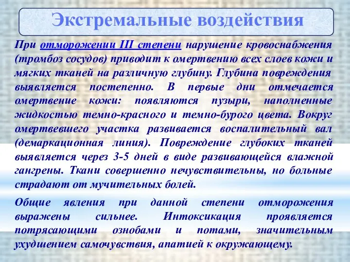 При отморожении III степени нарушение кровоснабжения (тромбоз сосудов) приводит к омертвению