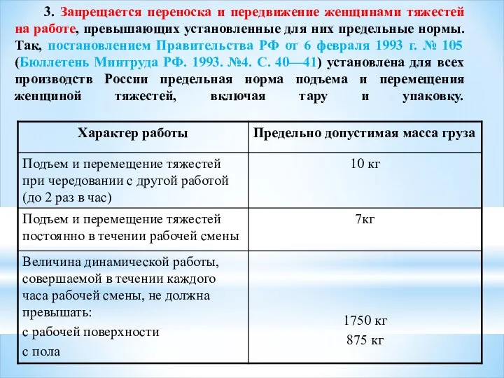 3. Запрещается переноска и передвижение женщинами тяжестей на работе, превышающих установленные