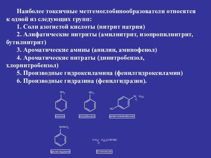 Наиболее токсичные метгемоглобинообразователи относятся к одной из следующих групп: 1. Соли