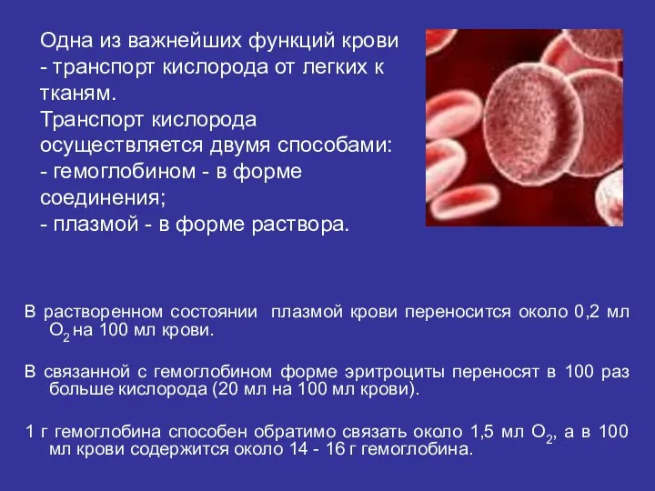 В растворенном состоянии плазмой крови переносится около 0,2 мл О2 на