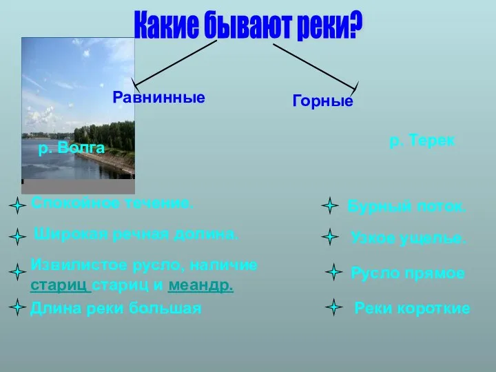 Какие бывают реки? Равнинные Горные р. Волга р. Терек Спокойное течение.