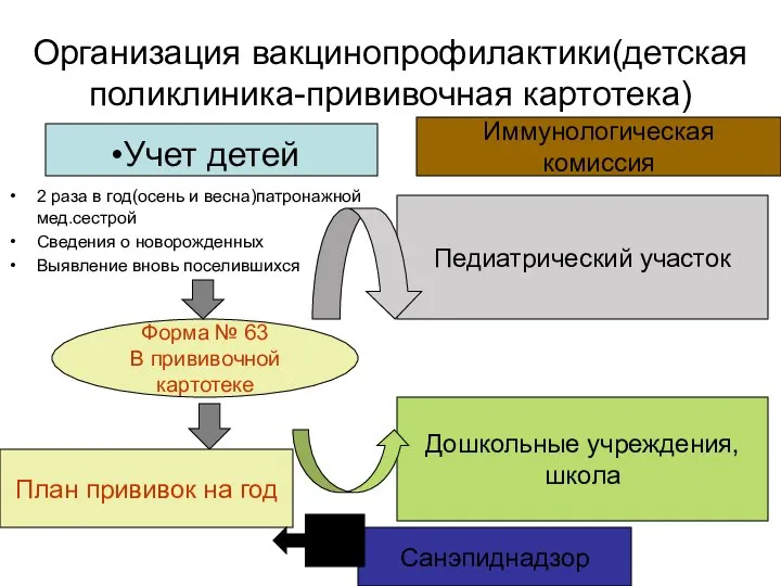 Организация вакцинопрофилактики(детская поликлиника-прививочная картотека) 2 раза в год(осень и весна)патронажной мед.сестрой