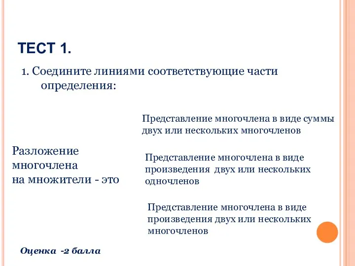 ТЕСТ 1. 1. Соедините линиями соответствующие части определения: Разложение многочлена на