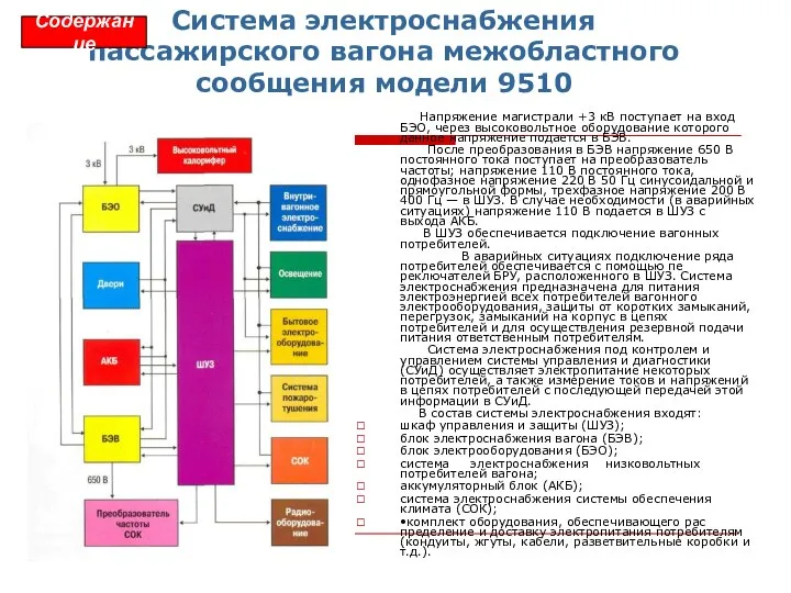 Система электроснабжения пассажирского вагона межобластного сообщения модели 9510 Напряжение магистрали +3