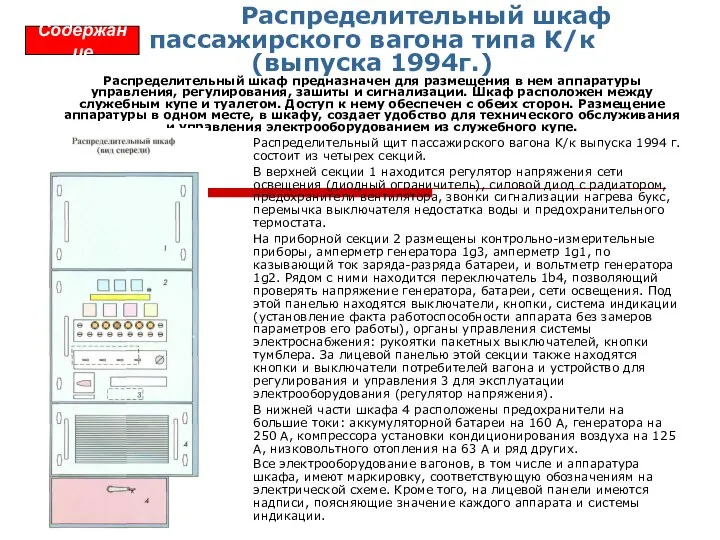 Распределительный шкаф пассажирского вагона типа К/к (выпуска 1994г.) Распределительный шкаф предназначен