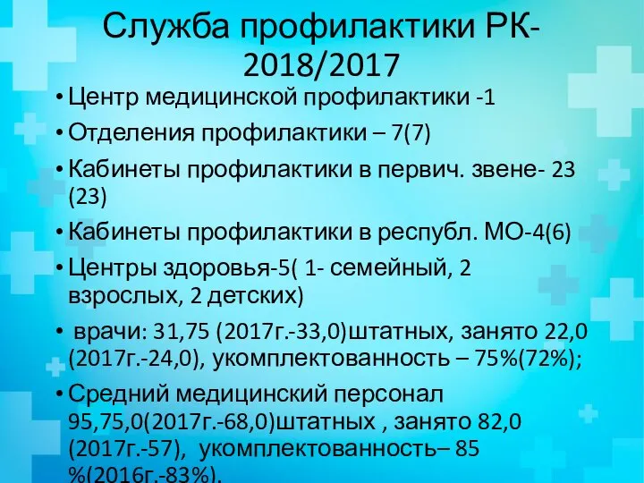 Служба профилактики РК- 2018/2017 Центр медицинской профилактики -1 Отделения профилактики –