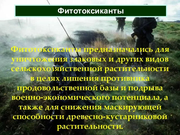 Фитотоксиканты Фитотоксиканты предназначались для уничтожения злаковых и других видов сельскохозяйственной растительности