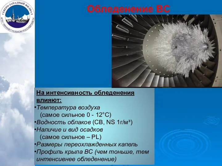 На интенсивность обледенения влияют: Температура воздуха (самое сильное 0 - 12°С)