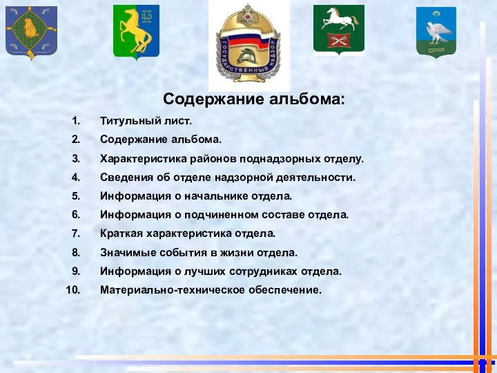 Содержание альбома: Титульный лист. Содержание альбома. Характеристика районов поднадзорных отделу. Сведения