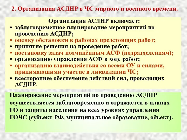 Организация АСДНР включает: заблаговременное планирование мероприятий по проведению АСДНР; оценку обстановки