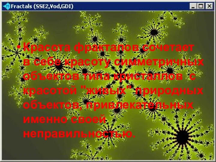 Красота фракталов сочетает в себе красоту симметричных объектов типа кристаллов с