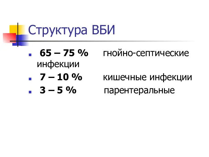 Структура ВБИ 65 – 75 % гнойно-септические инфекции 7 – 10