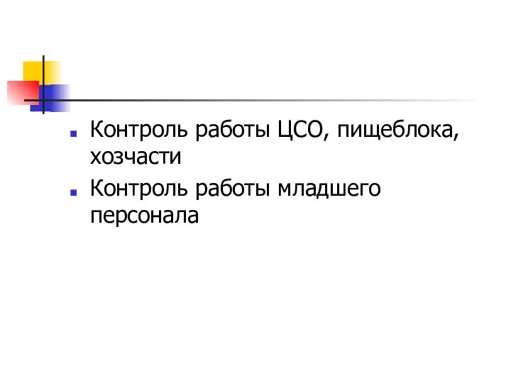 Контроль работы ЦСО, пищеблока, хозчасти Контроль работы младшего персонала