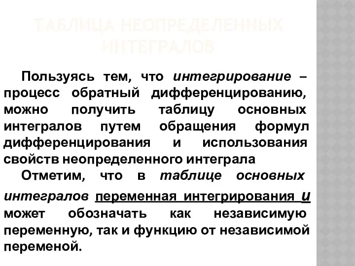 ТАБЛИЦА НЕОПРЕДЕЛЕННЫХ ИНТЕГРАЛОВ Пользуясь тем, что интегрирование – процесс обратный дифференцированию,