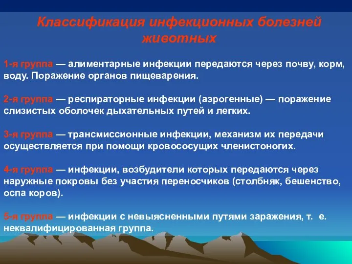 Классификация инфекционных болезней животных 1-я группа — алиментарные инфекции передаются через