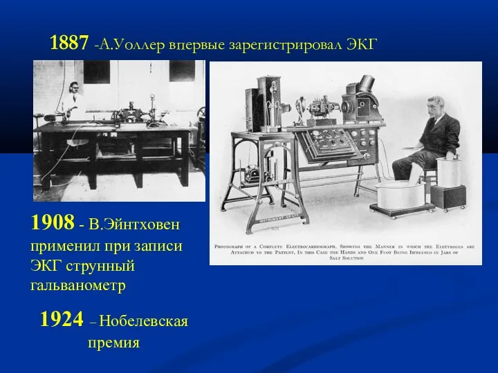 1908 - В.Эйнтховен применил при записи ЭКГ струнный гальванометр 1924 –