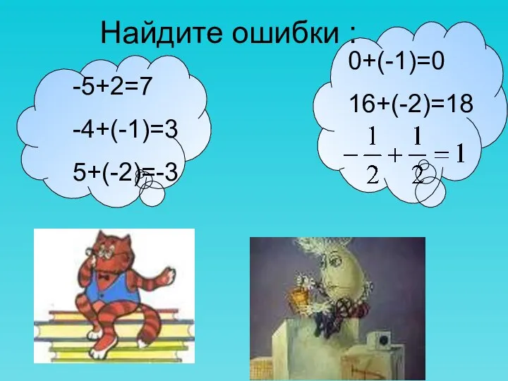 Найдите ошибки : -5+2=7 -4+(-1)=3 5+(-2)=-3 0+(-1)=0 16+(-2)=18