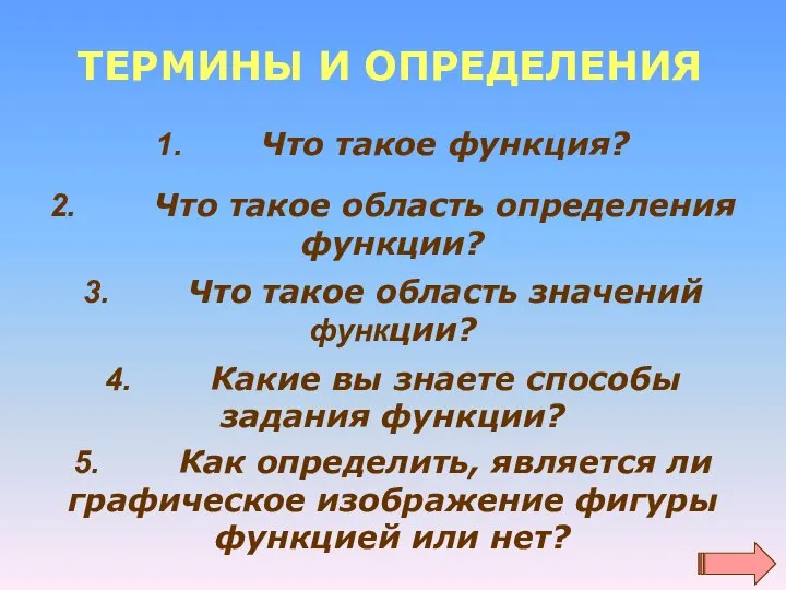 ТЕРМИНЫ И ОПРЕДЕЛЕНИЯ 1. Что такое функция? 2. Что такое область