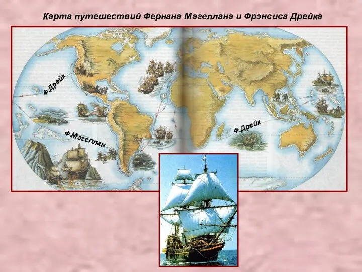 Карта путешествий Фернана Магеллана и Фрэнсиса Дрейка Ф.Магеллан Ф.Дрейк Ф.Дрейк
