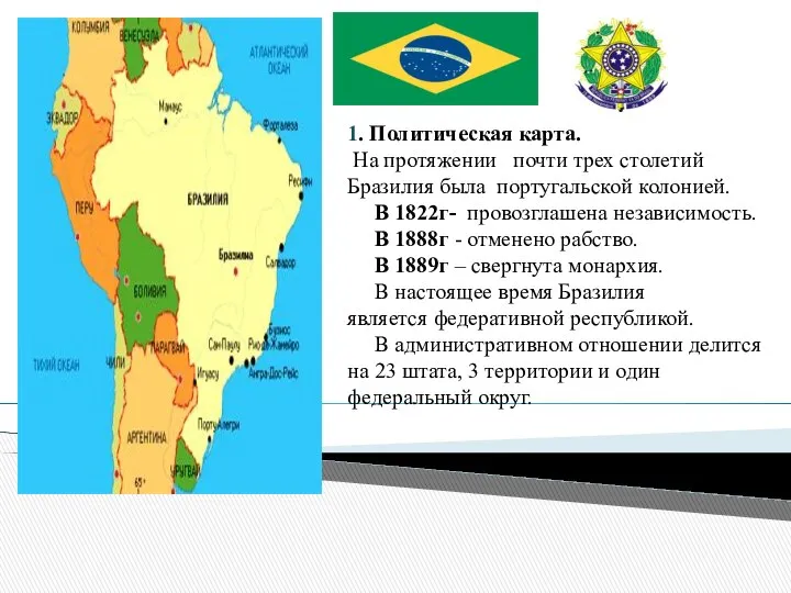 1. Политическая карта. На протяжении почти трех столетий Бразилия была португальской
