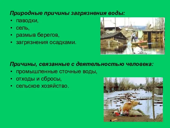 Природные причины загрязнения воды: паводки, сель, размыв берегов, загрязнения осадками. Причины,