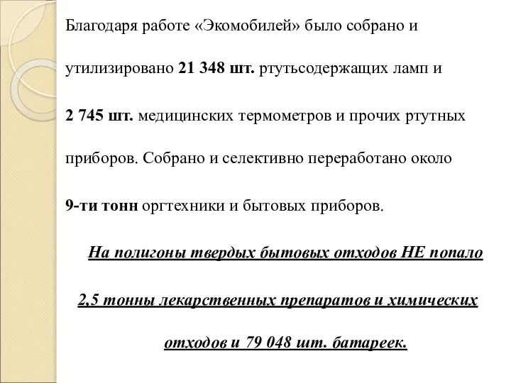 Благодаря работе «Экомобилей» было собрано и утилизировано 21 348 шт. ртутьсодержащих