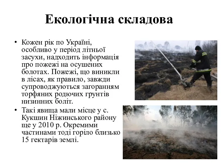 Екологічна складова Кожен рік по Україні, особливо у період літньої засухи,