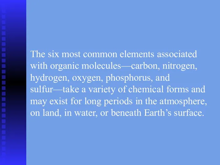 The six most common elements associated with organic molecules—carbon, nitrogen, hydrogen,