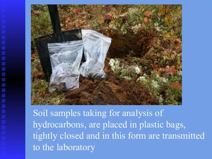 Soil samples taking for analysis of hydrocarbons, are placed in plastic