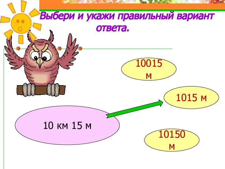 Выбери и укажи правильный вариант ответа. 10 км 15 м 10015 м 1015 м 10150 м