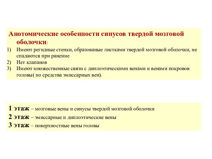 Анотомические особенности синусов твердой мозговой оболочки: Имеют регидные стенки, образованые листками