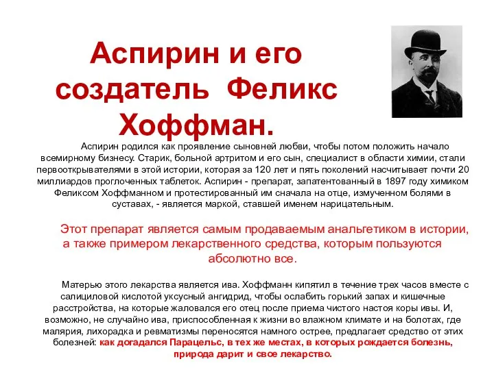 Аспирин и его создатель Феликс Хоффман. Аспирин родился как проявление сыновней