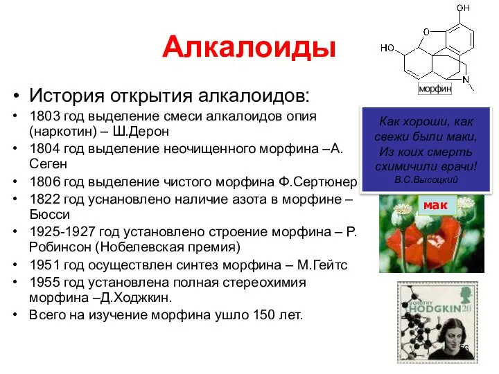Алкалоиды История открытия алкалоидов: 1803 год выделение смеси алкалоидов опия (наркотин)